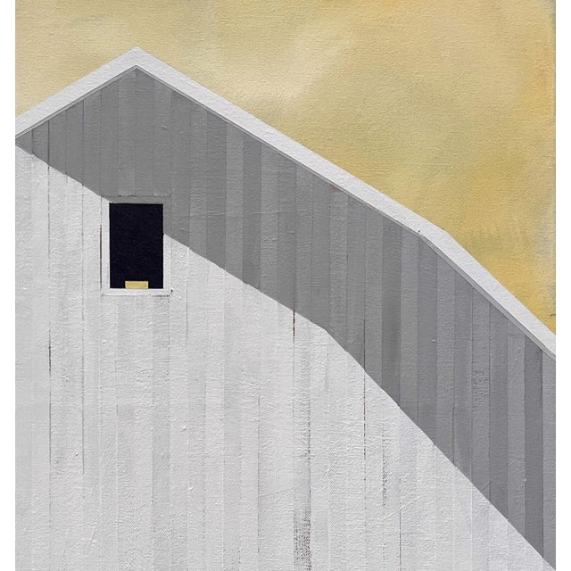 Contemporary Summer Sunset by Justin Wheatley | Acrylic on Panel White Barn With Yellow Sky For Sale - Image 3 of 8