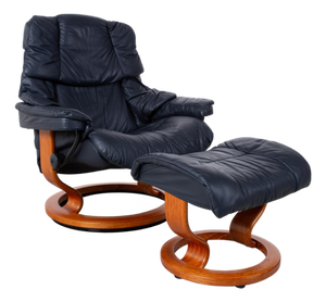 Set of Black Leather Reno Recliner and Ottoman with Manual Function from Stressless