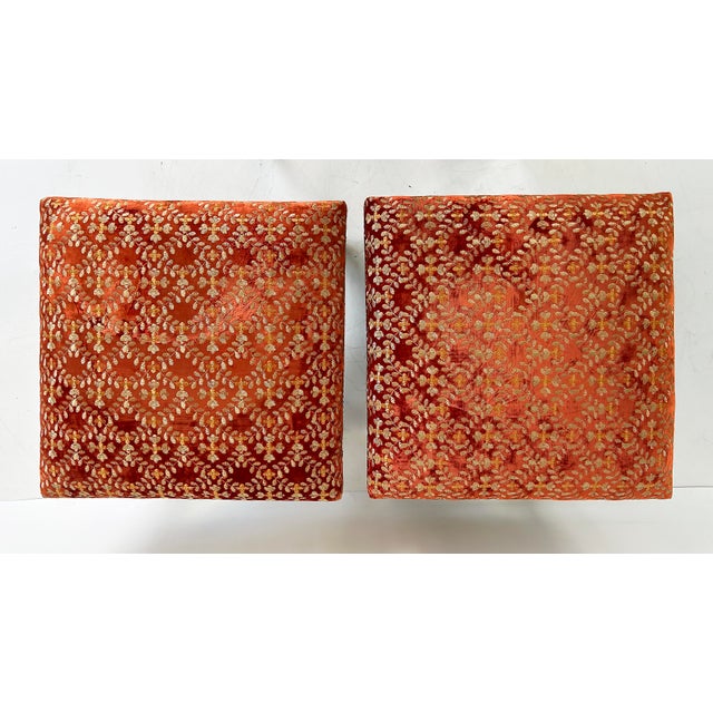 Red Late 20th Century Carved Giltwood Ottomans/Benches, Embroidered Seats, Nailheads, Pair, Louis XIV For Sale - Image 8 of 11