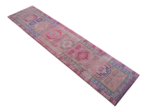Kurdish Hand-Knotted Distressed Short Runner Rug . Low Pile Hallway Decor