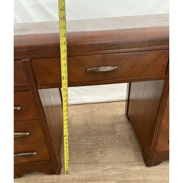 1930s Art Deco Desk Waterfall Top Seven Dovetail Brass Drawers Walnut Finished Back For Sale - Image 15 of 18