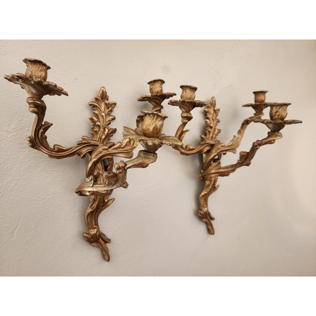 Antique Art Nouveau Pair Heavy Cast Gilt Brass 3 Light Wall Sconces With Aged Patina For Sale - Image 10 of 16