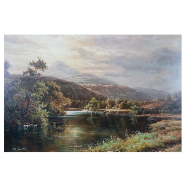 Realism Mid 20th Century Vintage Pastoral River Landscape Oil Painting Realism Cattle Grazing Framed For Sale - Image 3 of 11