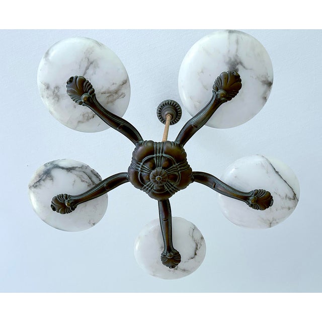 Metal Large Art Deco Alabaster and Bronze Chandelier, 1930s For Sale - Image 7 of 18