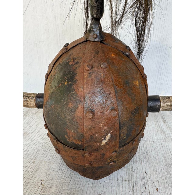 Unusual Vintage Riveted Steel Horn and Leather Viking Helmet For Sale - Image 4 of 8