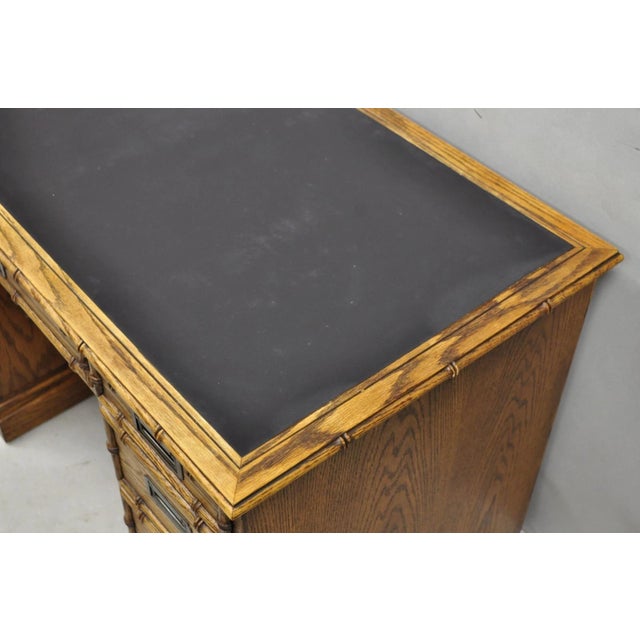 Wood Vintage Hollywood Regency Faux Bamboo Campaign Style Kneehole Desk by Sligh For Sale - Image 7 of 17