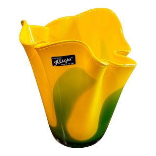 Vintage Yellow and Green Alicja Hand Blown Handkerchief Glass Vase For Sale