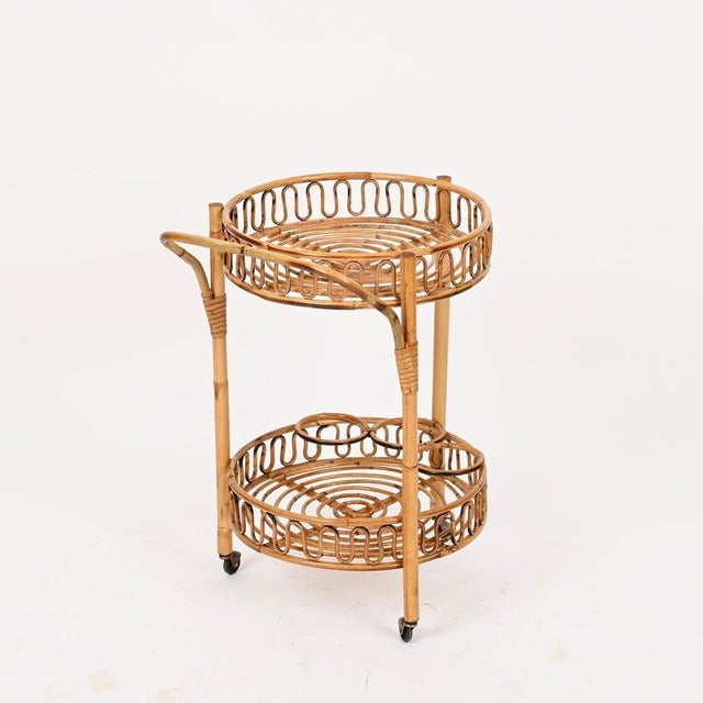 Round Serving Bar Cart in Bamboo, Rattan and Wicker by Franco Albini, Italy, 1960s For Sale - Image 9 of 12