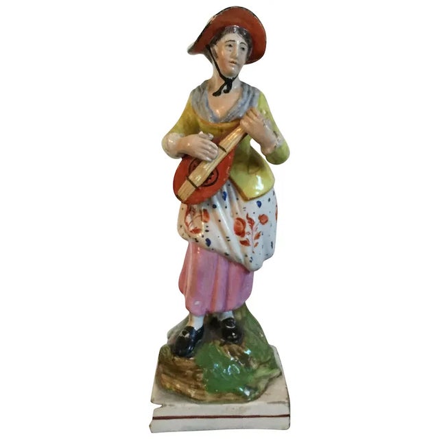 Pink Antique Early 19th Century English George III Staffordshire Pearlware Figure of a Lady Musician Playing a Mandolin 1810 For Sale - Image 8 of 8