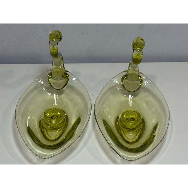 Glass Vintage Duncan & Miller Swan Candle Holder Pair Chartreuse 8" L Art Glass 1940s For Sale - Image 7 of 8