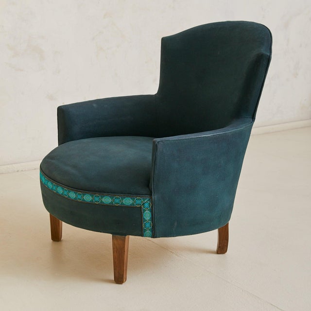 French Art Deco Blue Armchair with Wood Legs, 1940s - 2 Available For Sale In Chicago - Image 6 of 10