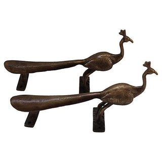 Etched Brass Peacock Door Handles - A Pair For Sale