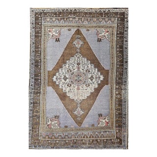 Vintage Turkish Oushak Rug, Hand-Knotted, Geometric Design, Pale Blue, 7' x 10' For Sale