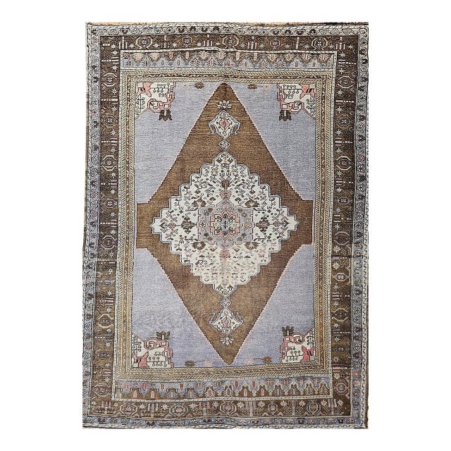 Vintage Turkish Oushak Rug, Hand-Knotted, Geometric Design, Pale Blue, 7' x 10' For Sale