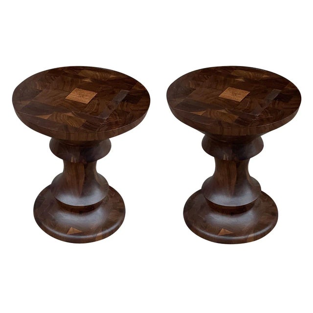Mid Century Style Solid Walnut Stools - a Pair For Sale - Image 4 of 4