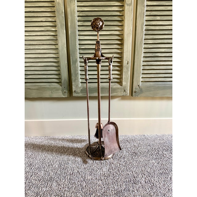 Sheffield Pullman Antique Tudor Rose Fireplace Andirons, Tools & Rack For Sale - Image 13 of 14