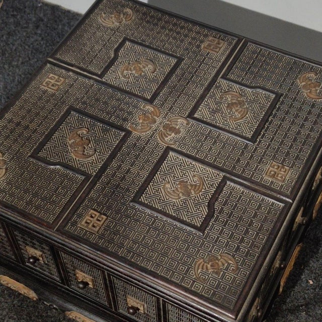 Wood Antique Chinese Hardwood Jewelry Chest With Gilt-Bronze Inlay & Hidden Drawers For Sale - Image 7 of 9