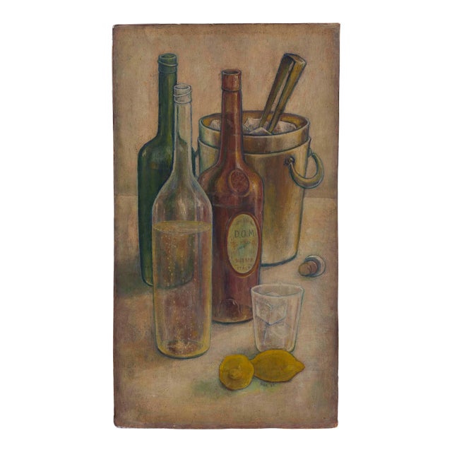 Anne Estell Rice (1877-1959, American) Still Life With Bottles Oil Paint on Masonite For Sale