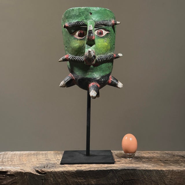Antique Folk Art Polychrome Caiman Guerrero Green Horned Bearded Man Mask For Sale - Image 4 of 7