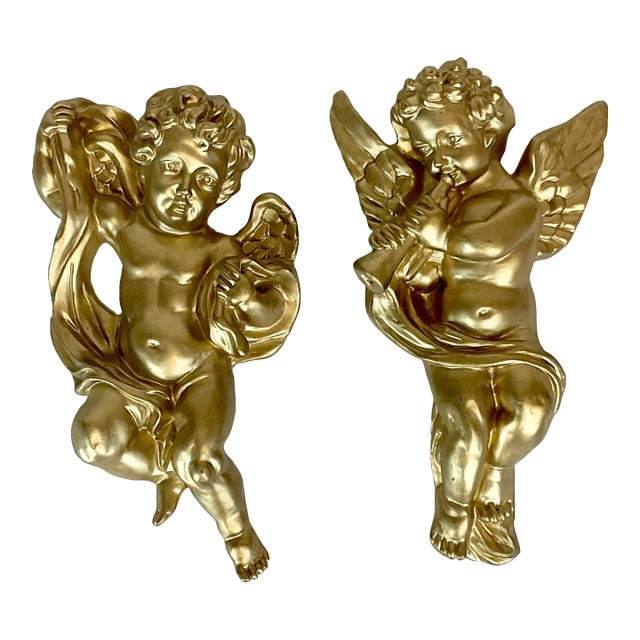 1970s Vintage Boho Chic Hollywood Regency Italian Figural Wall Sculptural Cherubs - A Pair. For Sale