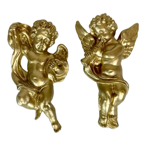 1970s Vintage Hollywood Regency Italian Figural Wall Sculptural Cherubs - A Pair.
