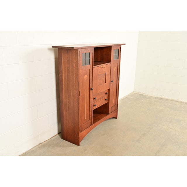 L. & J.G. Stickley, Inc. Stickley Harvey Ellis Collection Arts & Crafts Inlaid Oak and Leaded Glass Bookcase With Drop Front Secretary Desk For Sale - Image 4 of 18