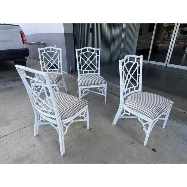 Late 20th Century Palm Beach Regency Chinese Chippendale Rattan Chairs With Fat Seats - Set of 4 For Sale - Image 4 of 11