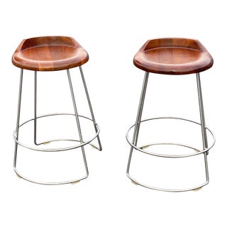McGuire Walnut Full Swivel Counter Stools - a Pair For Sale