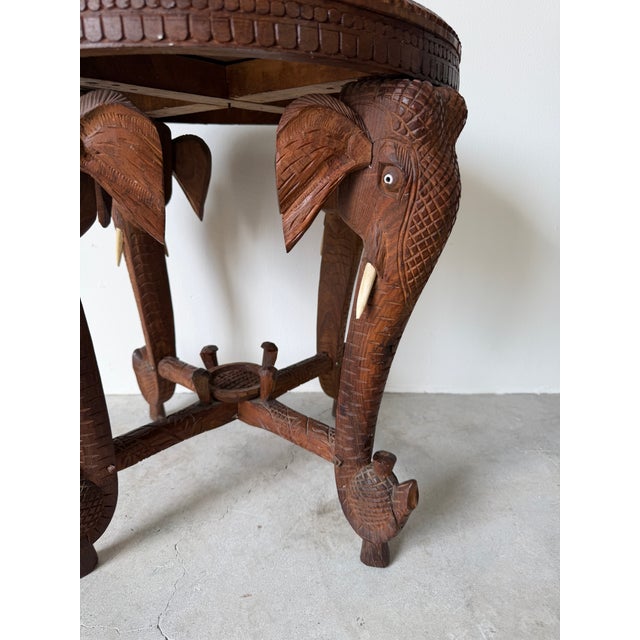 Wood Vintage Anglo Indian Hand-Carved Elephant Side Table With Bone Inlay Animal Motif For Sale - Image 7 of 15
