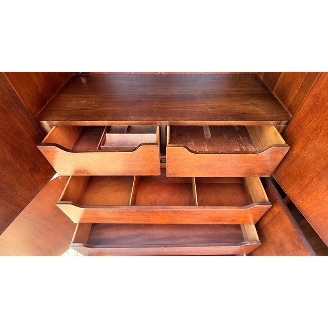 Wood Late 20th Century Pair of Henredon Scene One Campaign Walnut Armoires With Brass Hardware For Sale - Image 7 of 15