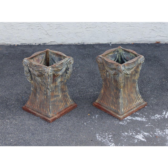 High Quality Art Deco Style Cast Iron Garden Planters Featuring Tapered Square Forms With Fluted Bodies And Decorative...