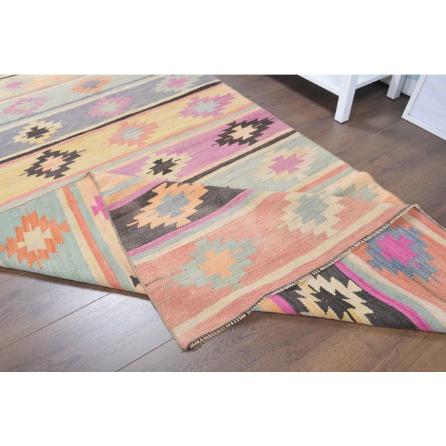 Textile Vintage Turkish Oushak Handmade Wool Cotton Green Kilim Runner Rug For Sale - Image 7 of 9