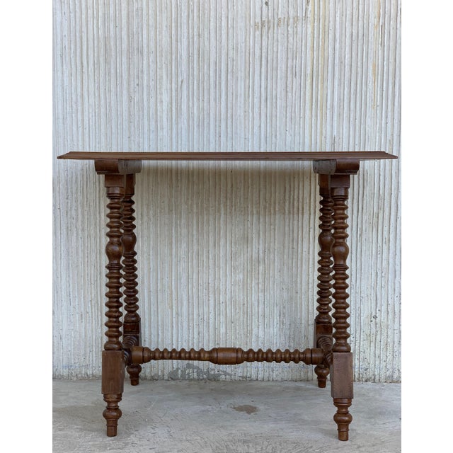 Late 19th Century 19th Spanish Baroque Side Table With Wood Stretcher and Carved Top in Walnut For Sale - Image 5 of 13