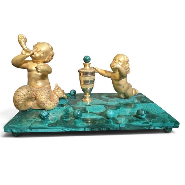 19th Century Italian Malachite and Ormolu Inkwell with Cupid and Mermaid, Mythol, 1890 For Sale - Image 3 of 11