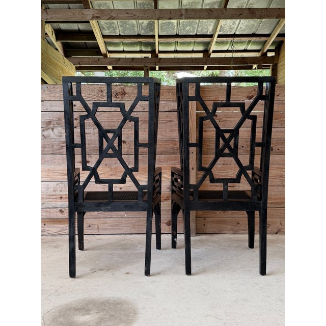 GuildMaster Chinoiserie Black Wood Geometric Fretwork High Back Armchairs – Pair For Sale - Image 4 of 12