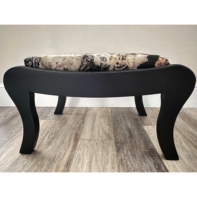 Black Antique Early 20th Century Victorian Footstool Black With Cat Tapestry Upholstered Cushion For Sale - Image 8 of 9