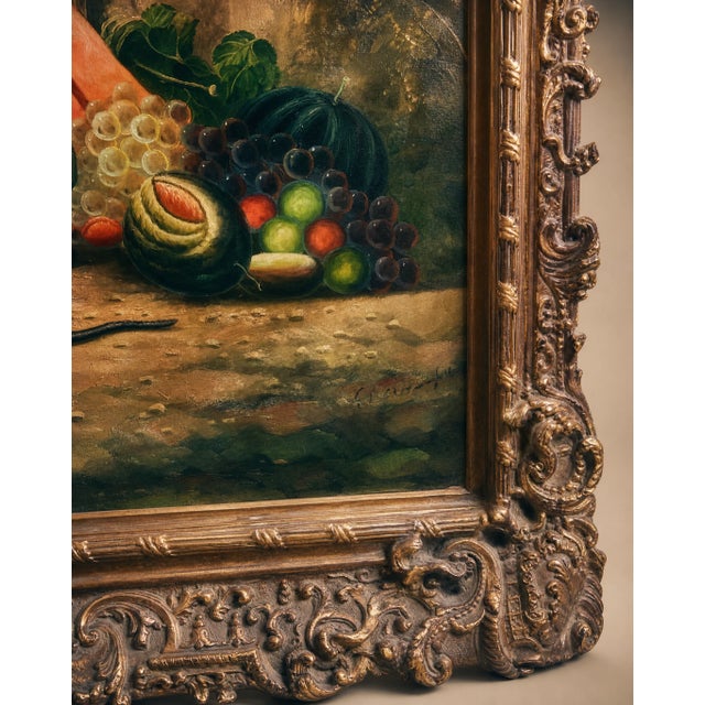 Late 19th Century Ornate Framed Peacock Oil Painting on Canvas, Signed 49" W × 62" H For Sale - Image 4 of 7