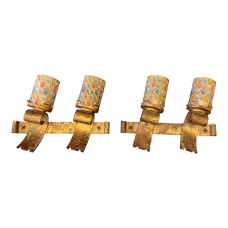 Mid 20th Century Spanish Brutalist Gilt Iron Electric Wall Sconces - a Pair For Sale