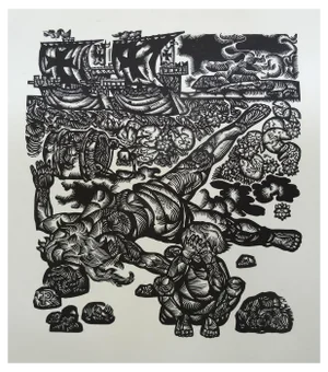 Dainis Rozkalns, with Fire and Sword, 1977, Linocut
