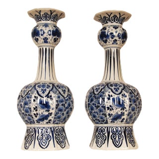 Antique Royal Delft Vases XL Chinoiserie Blue White Knobble Vases Earthenware Floral Baroque Tariff Free Delivery - A Pair For Sale