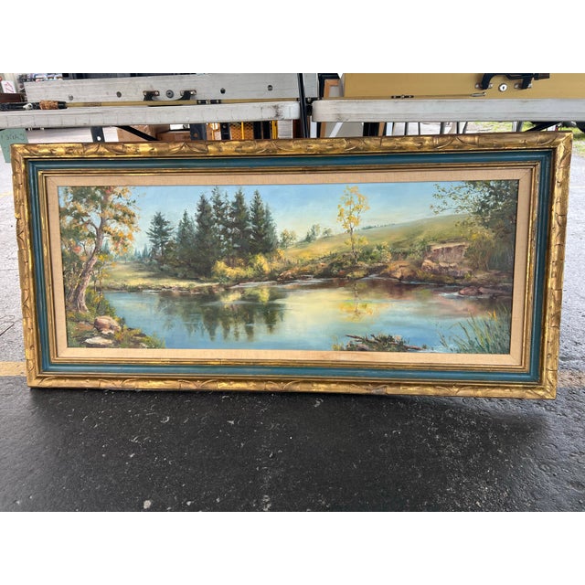 Mid Century Large Panoramic River Landscape Painting Signed For Sale - Image 4 of 5