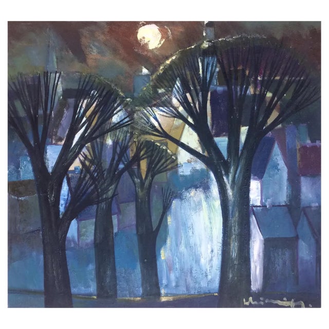 Laimdots Murnieks, City at Night, 1995, Oil on Cardboard For Sale