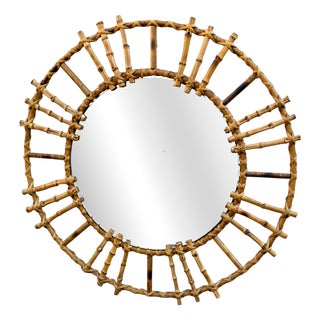 Vintage French Round Rattan Mirror, 1950s For Sale