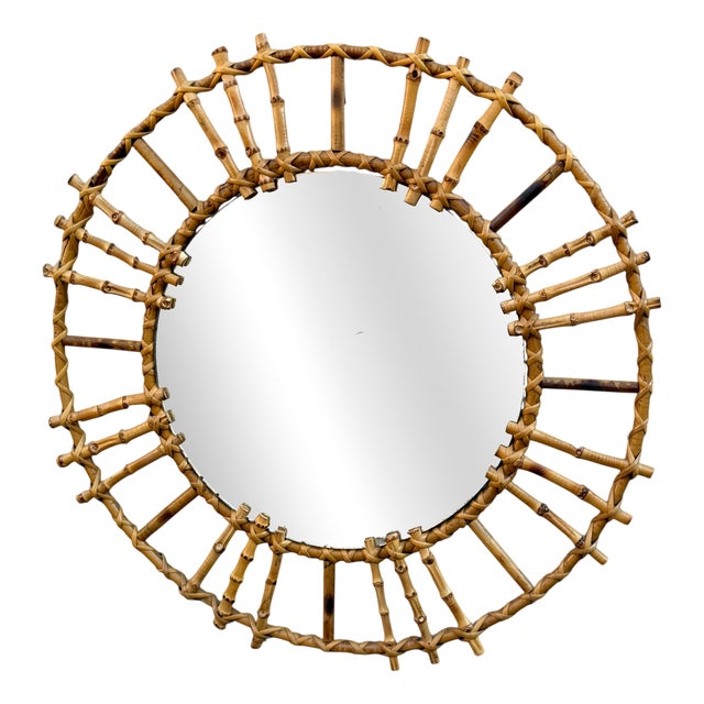 Vintage French Round Rattan Mirror, 1950s For Sale