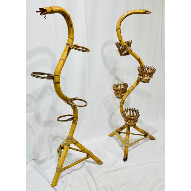 Vintage Mid Century Era Albini Style Rattan Plant Stands For Sale In Raleigh - Image 6 of 9