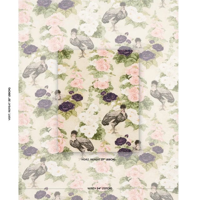 Featuring charming chickens scattered among a lush profusion of hollyhocks, this animated floral fabric design by Mary...