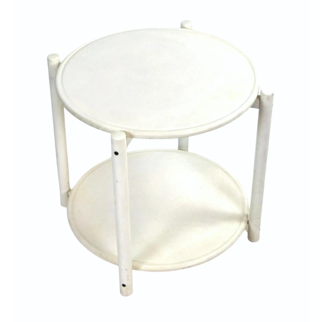 Versatile side table by Hyllinge Mobler. Features four post with rolling base, and a tray style top and shelf underneath....