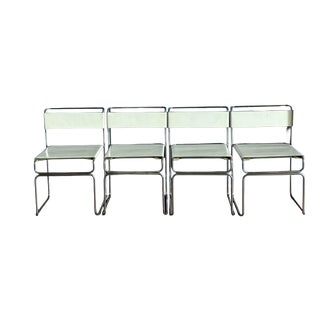 Vintage Cream Leather Stackable Chairs attributed to Giovanni Carini for Planula, Italy, Early 1970s, Set of 4 For Sale