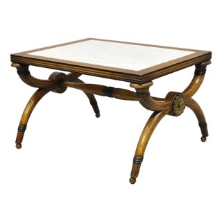 Vintage Italian Neoclassical Low Marble Top Curule X-Frame Accent Side Table For Sale