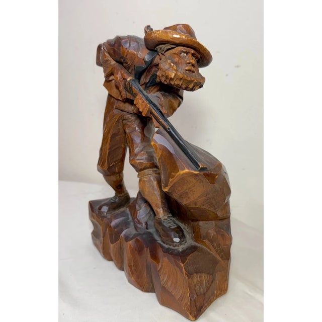 Folk Art Share Antique Hand Carved Wood Folk Art Hunting Man With Rifle Sculpture Statue Figure For Sale - Image 3 of 14